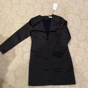 NWT Sandro - Black Satin Shift Dress W/ Plunge Mesh Neckline Sz 2